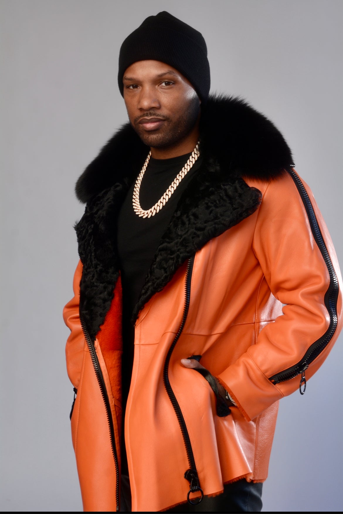Orange Shearling, Python and Swakara Collar