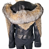 Leather with lynx layered and fox trimmed hood