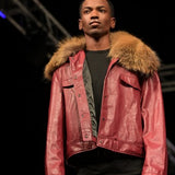 MENS LEATHER JACKET WITH OVERSIZED  FUR COLLAR