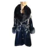 ON SALE!!!!!  BLACK LAMB LEATHER  RAIN COAT SLICKER WITH FUR TRIM