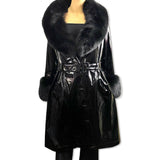 ON SALE!!!!!  BLACK LAMB LEATHER  RAIN COAT SLICKER WITH FUR TRIM