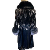 ON SALE!!!!!  BLACK LAMB LEATHER  RAIN COAT SLICKER WITH FUR TRIM