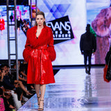 RED RAIN SLICKER WITH TIBETAN LAMB TRIM