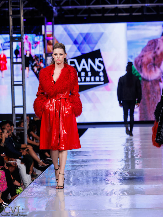 RED RAIN SLICKER WITH TIBETAN LAMB TRIM