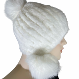 Knitted Mink Hat with Fox Poms