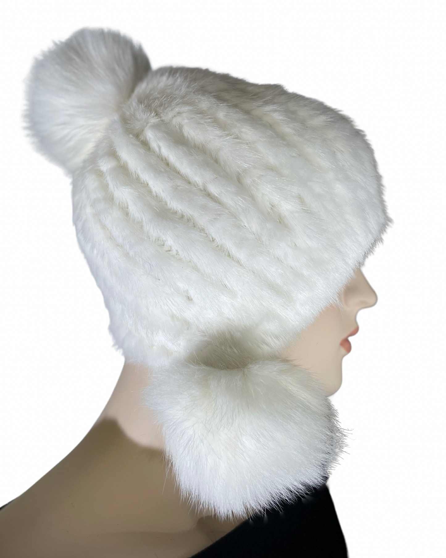 Knitted Mink Hat with Fox Poms
