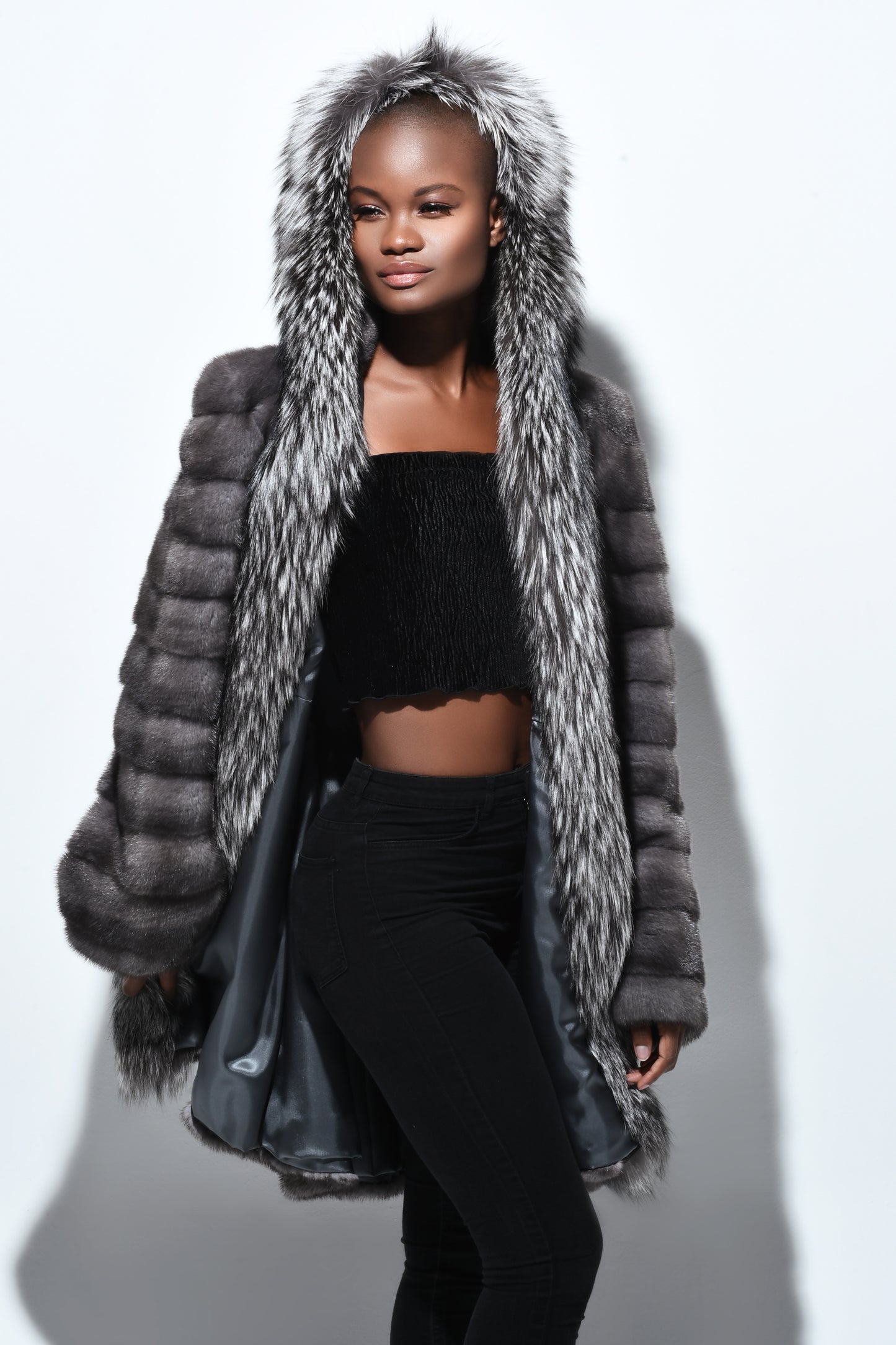 Blue Iris Mink with Silver Fox Tuxedo and Hood Ruff