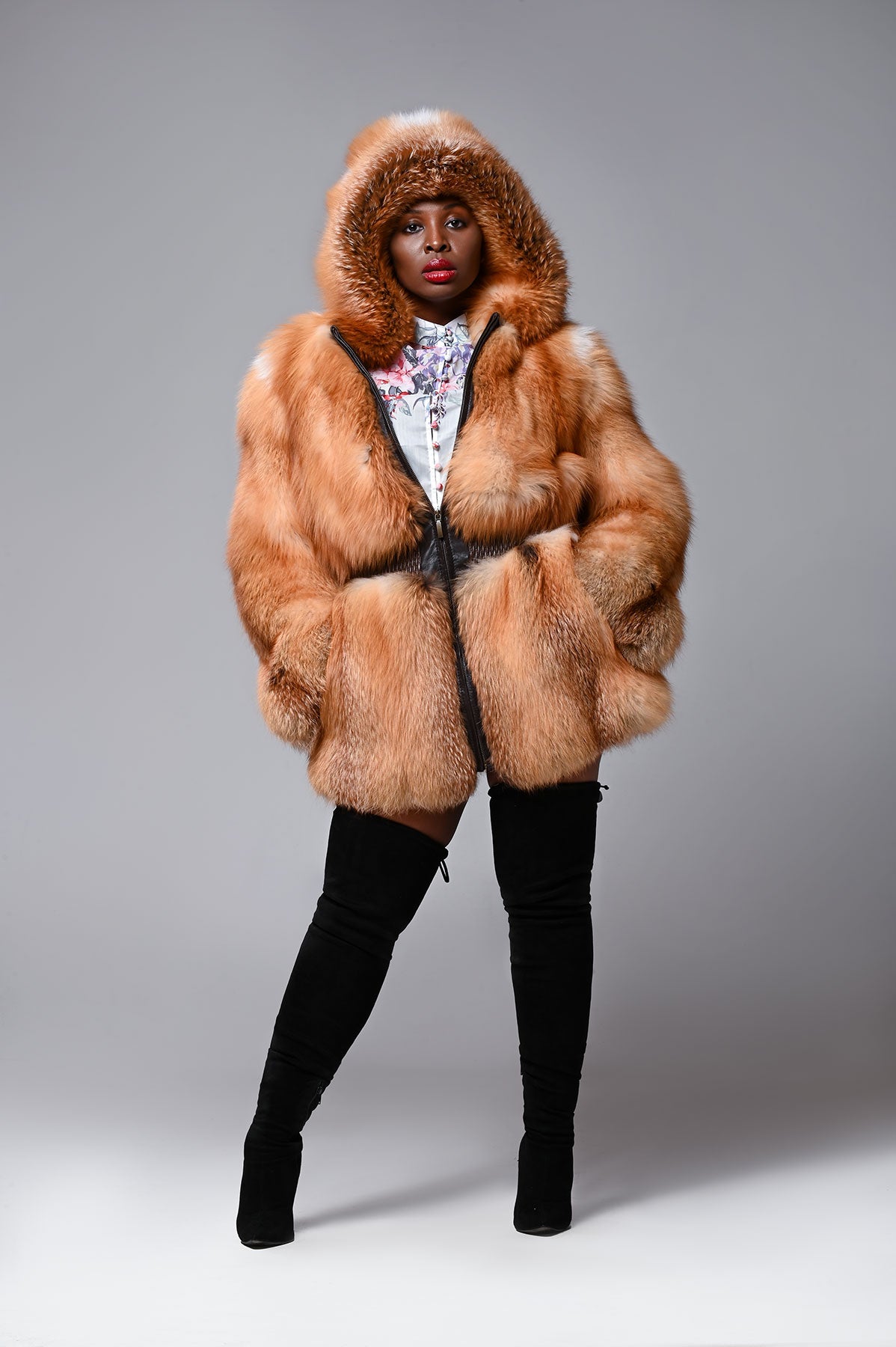 Natural Red Fox Parka with fitted waist.