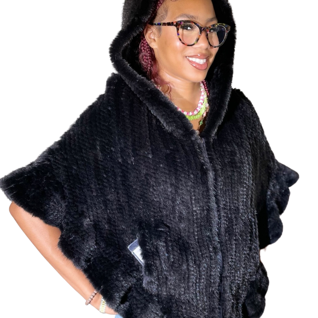 Hooded Mink Cape-Black