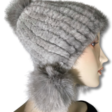 Knitted Mink Hat with Fox Poms