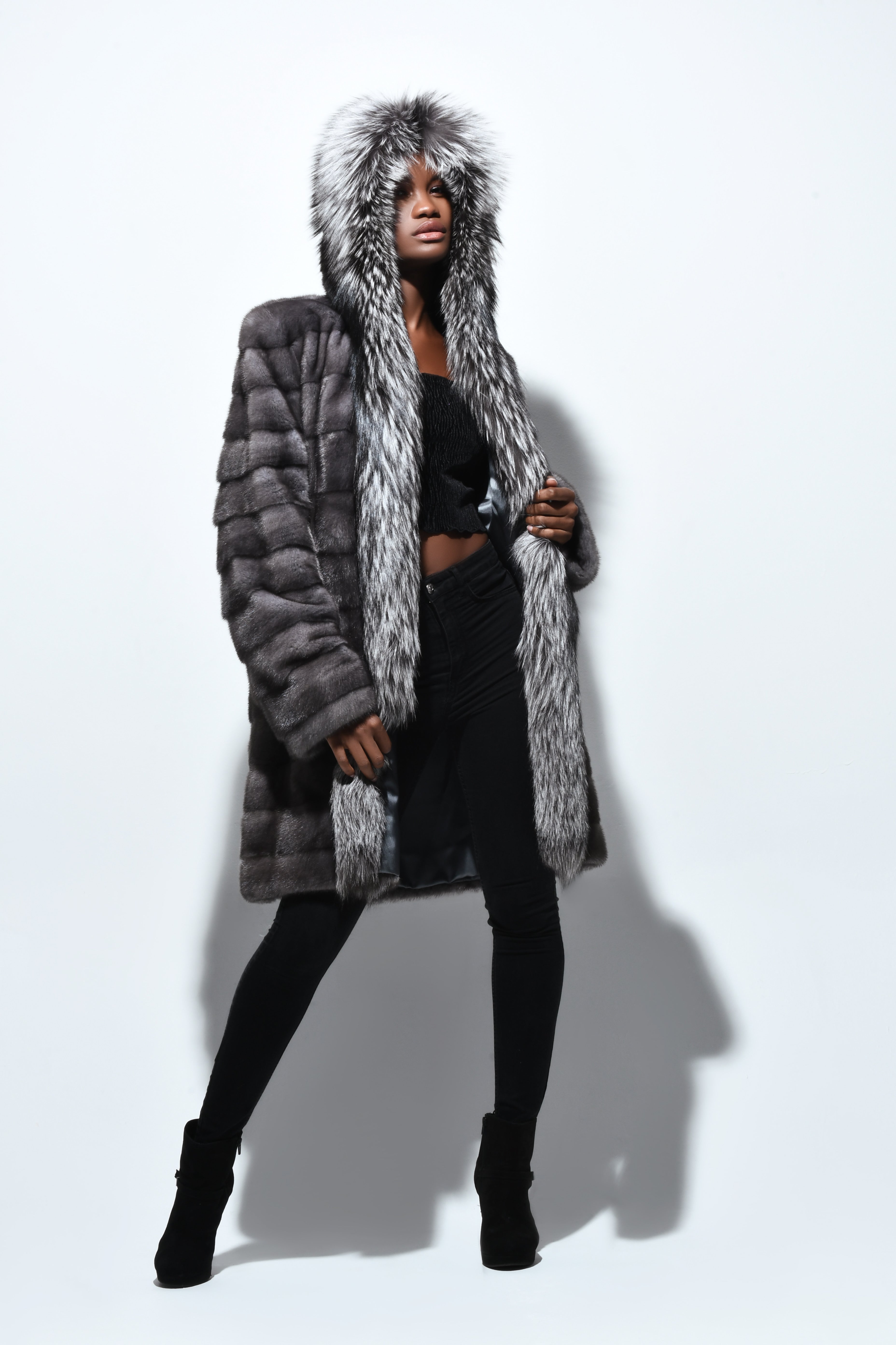 Blue Iris Mink with Silver Fox Tuxedo and Hood Ruff – The Fur And ...