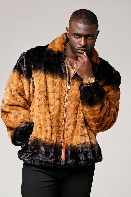 Whiskey Degrade Dyed Mink Sections Bomber Zip Jacket