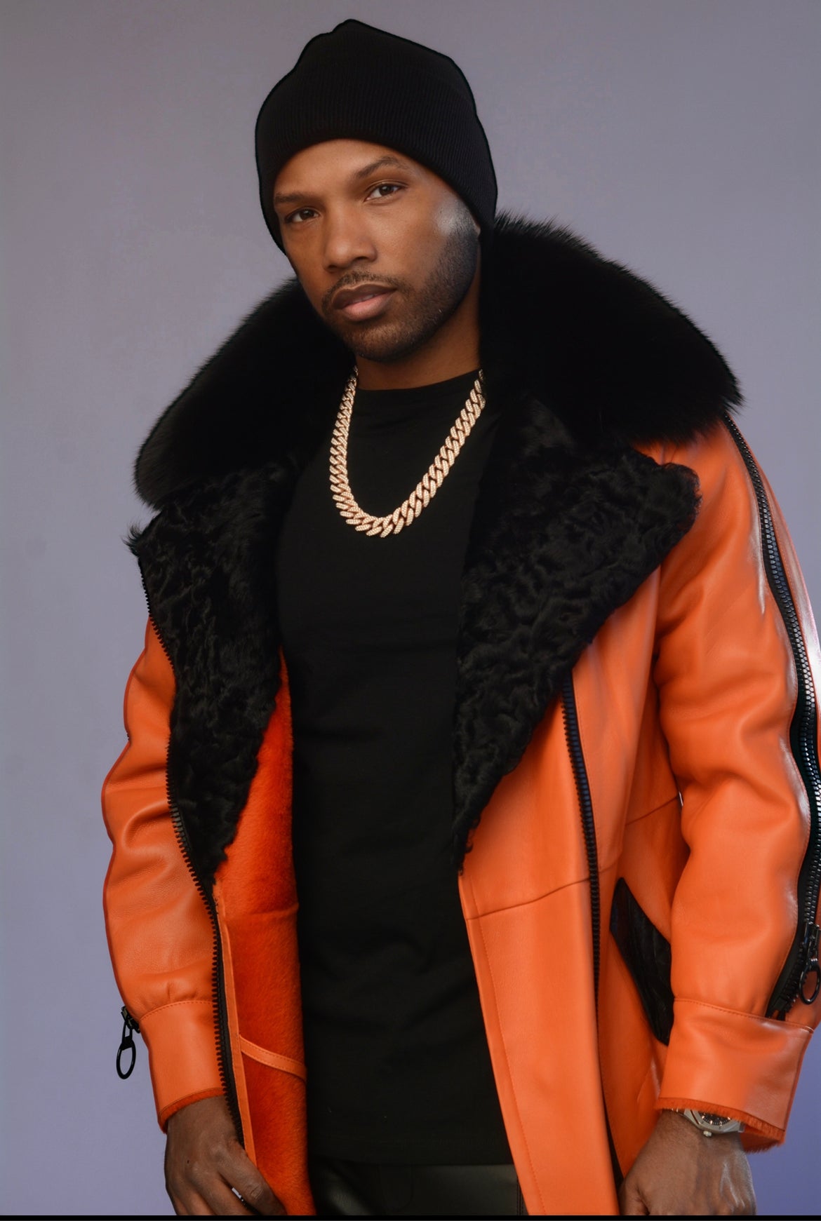 Orange Shearling, Python and Swakara Collar