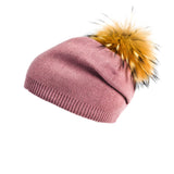 Knit Hat with Fox Pom raspberry