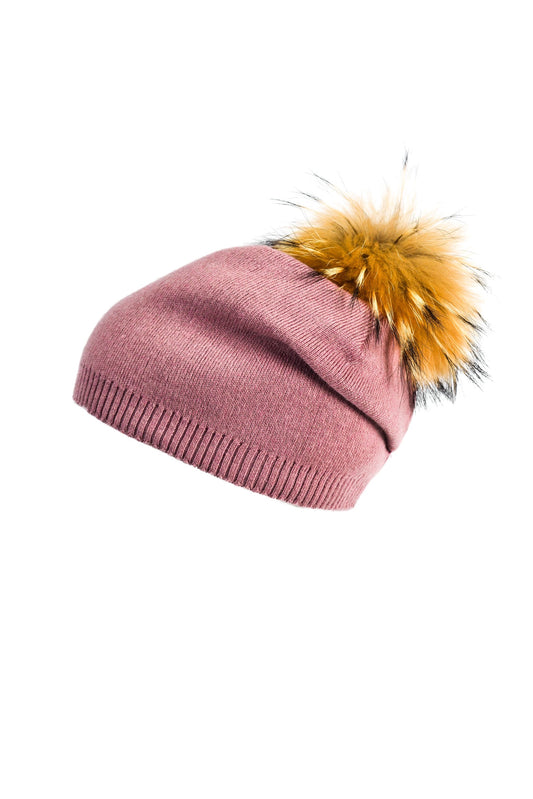 Knit Hat with Fox Pom raspberry