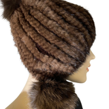 Knitted Mink Hat with Fox Poms