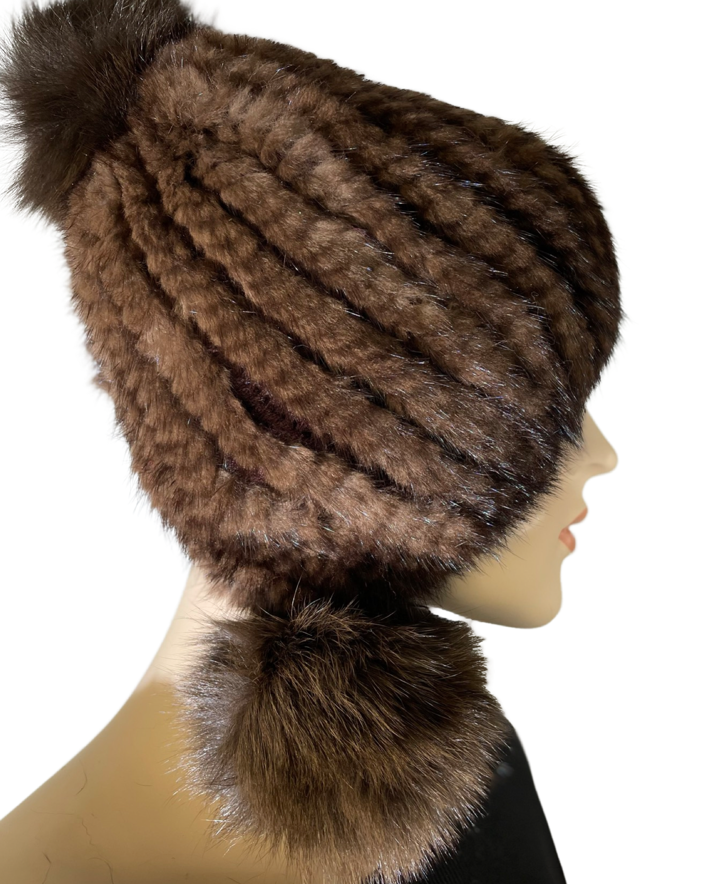 Knitted Mink Hat with Fox Poms