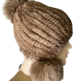 Knitted Mink Hat with Fox Poms