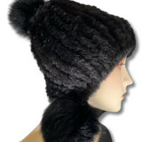 Knitted Mink Hat with Fox Poms