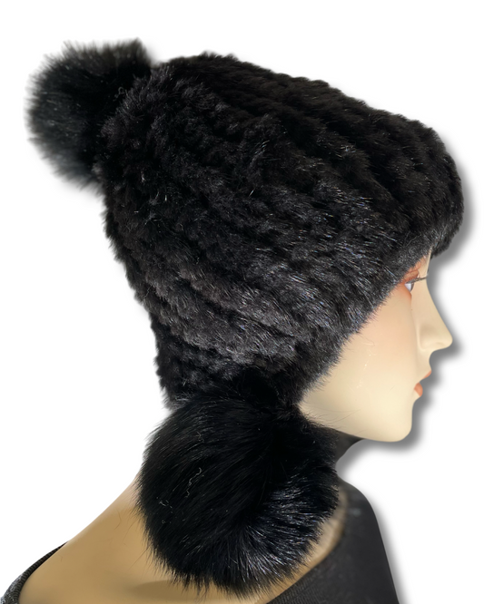 Knitted Mink Hat with Fox Poms