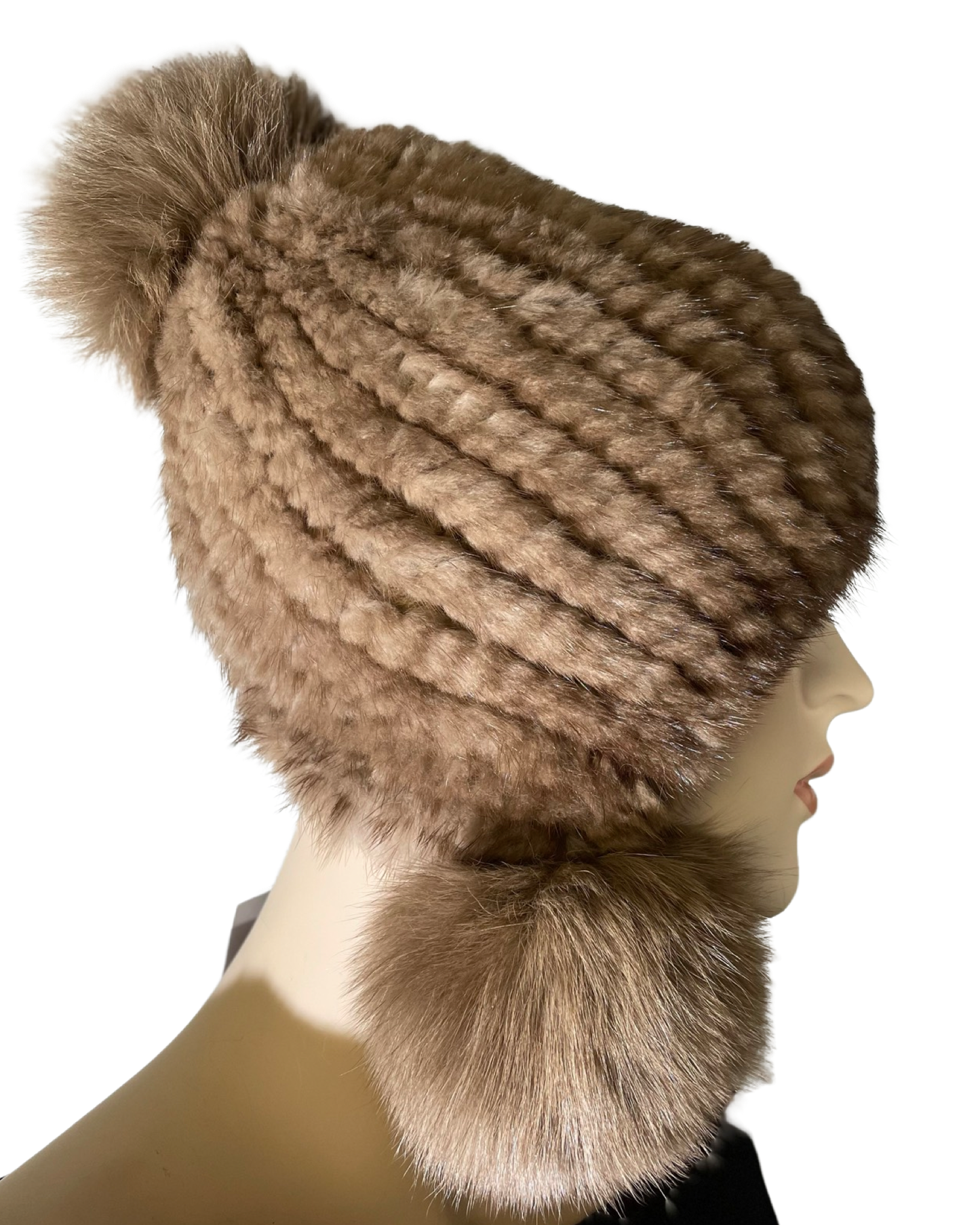 Knitted Mink Hat with Fox Poms
