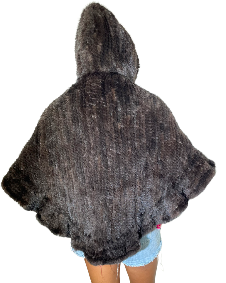 Hooded Black Mink Fur cape with attached fur belt